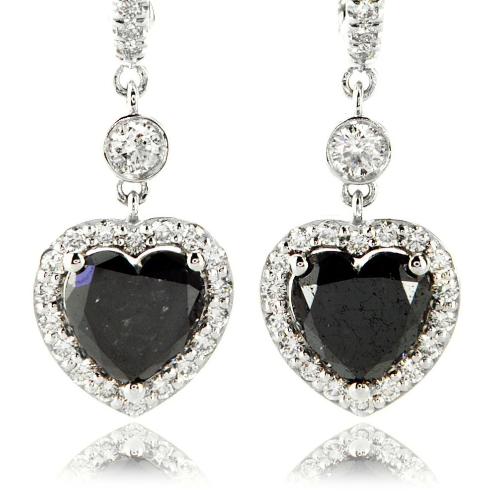 Heart Shape Diamond Halo Leverback Earrings 14K White Gold Fancy Black 3.82 TCW